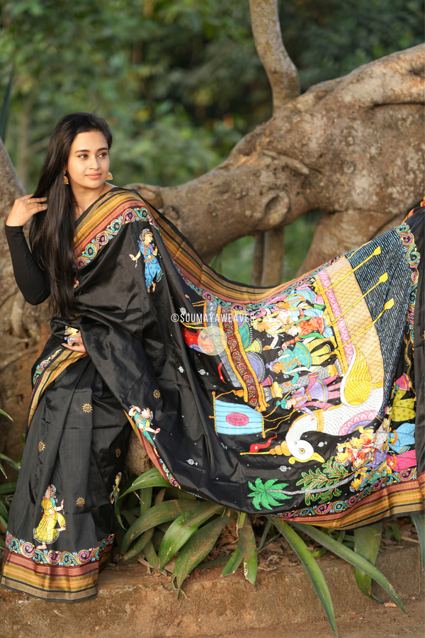 Black Kathiphera Silk Pattachitra Saree - Suumaya Weaves
