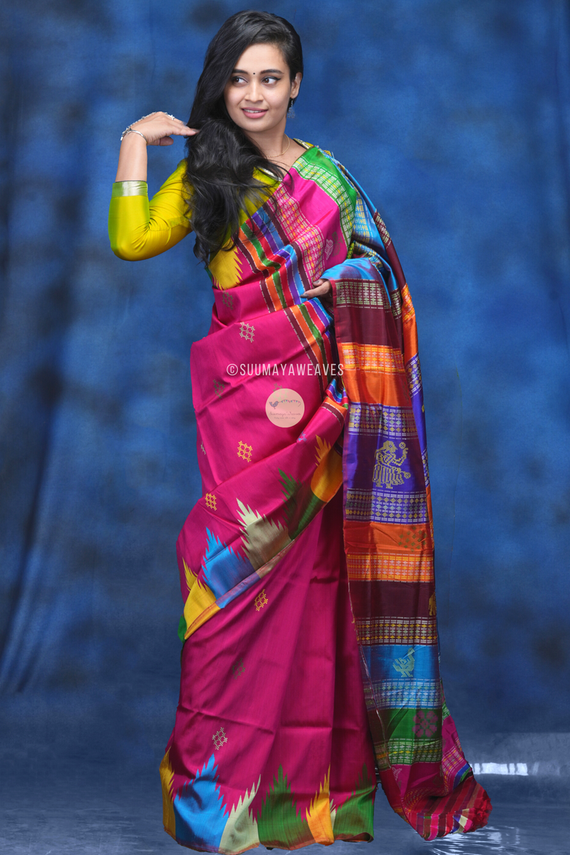 Pink Double Anchal Berhampuri Patta Saree - Suumaya Weaves