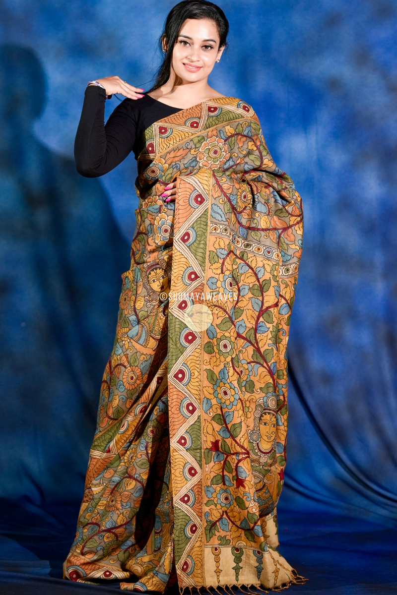 Pen Kalamkari On Kanchipuram Mulberry Silk Saree