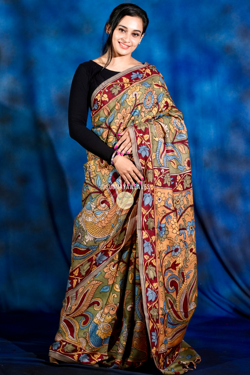 Pen Kalamkari On Kanchipuram Mulberry Silk Saree