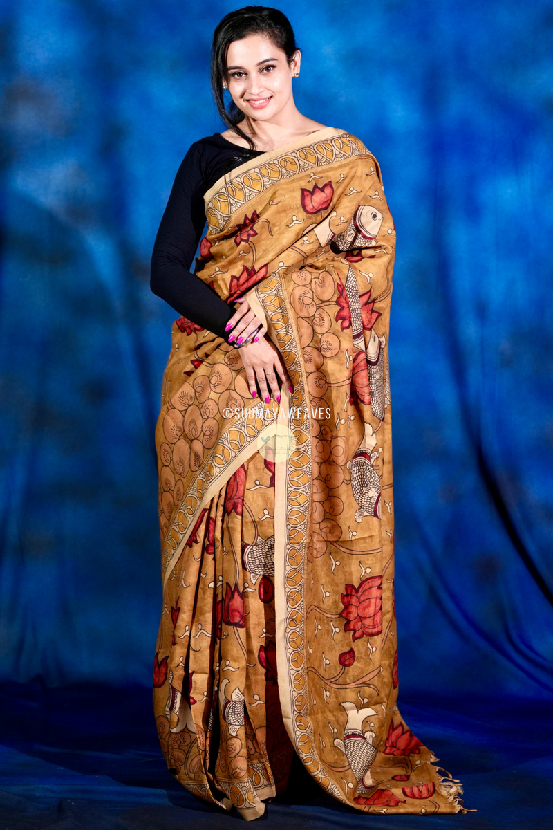 Pen Kalamkari On Kanchipuram Mulberry Silk Saree