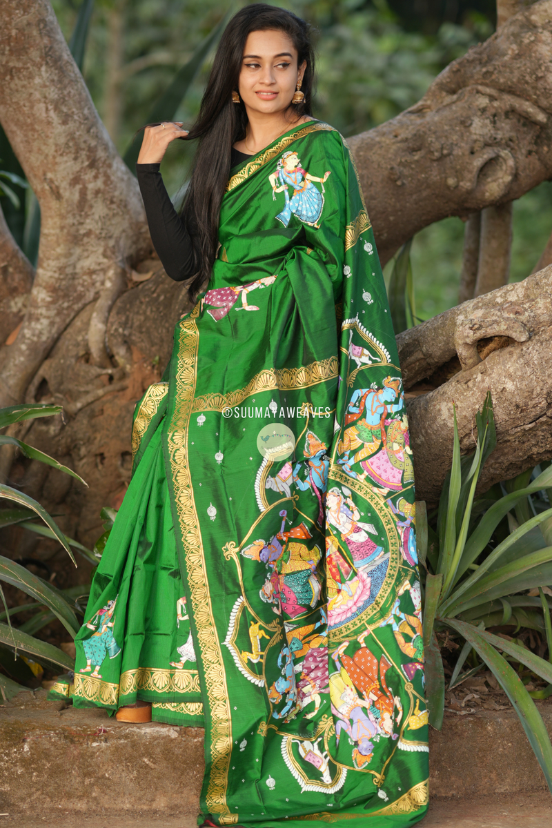 Green Mulberry Silk Pattachitra Saree - Suumaya Weaves
