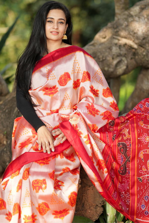 Lotus And Elephant Single Ikat Mulberry Silk Saree - Suumaya Weaves