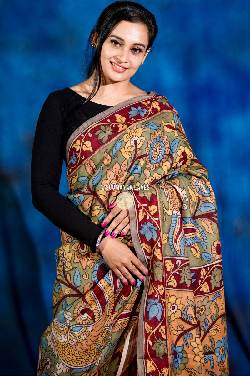 Pen Kalamkari On Kanchipuram Mulberry Silk Saree