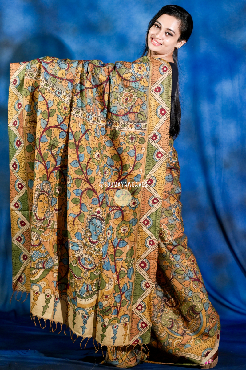 Pen Kalamkari On Kanchipuram Mulberry Silk Saree