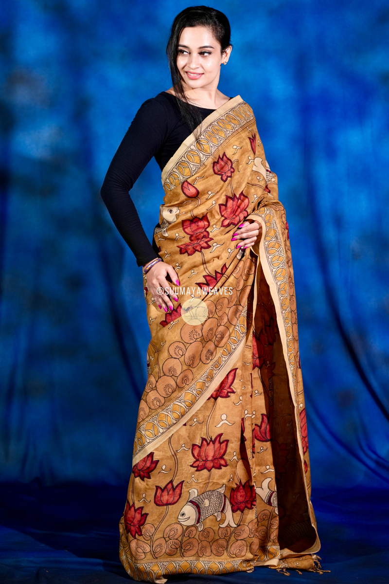 Pen Kalamkari On Kanchipuram Mulberry Silk Saree