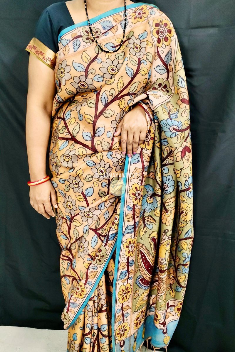 Utkalamkari Pen Kalamkari On Kanchipuram Mulberry Silk Saree - Suumaya Weaves