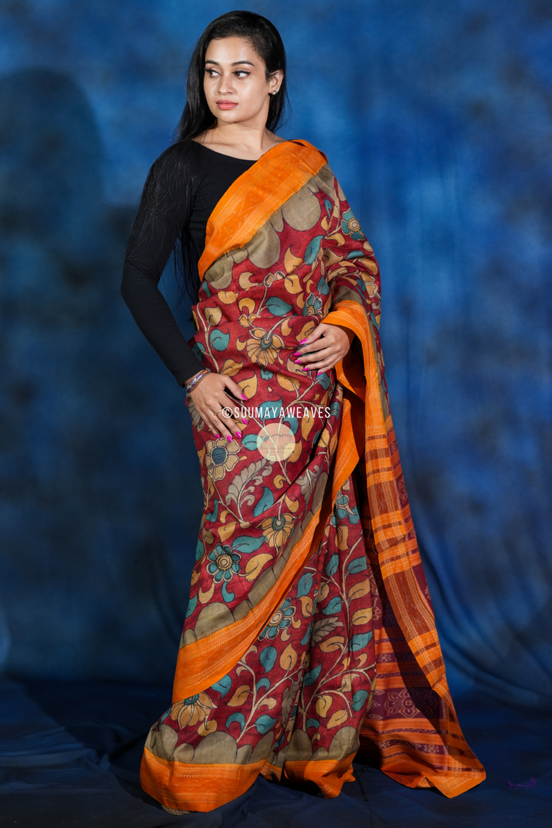 Utkalamkari Pen Kalamkari On Odisha Mulberry Silk Saree