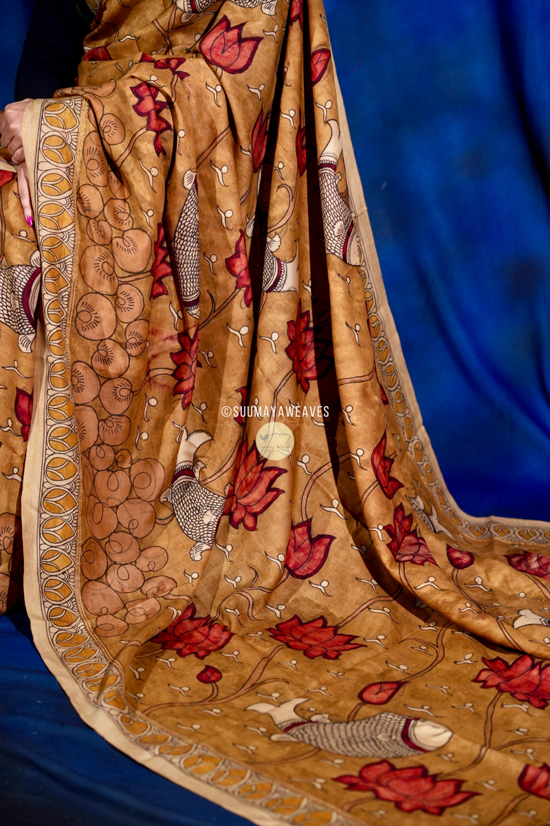 Pen Kalamkari On Kanchipuram Mulberry Silk Saree