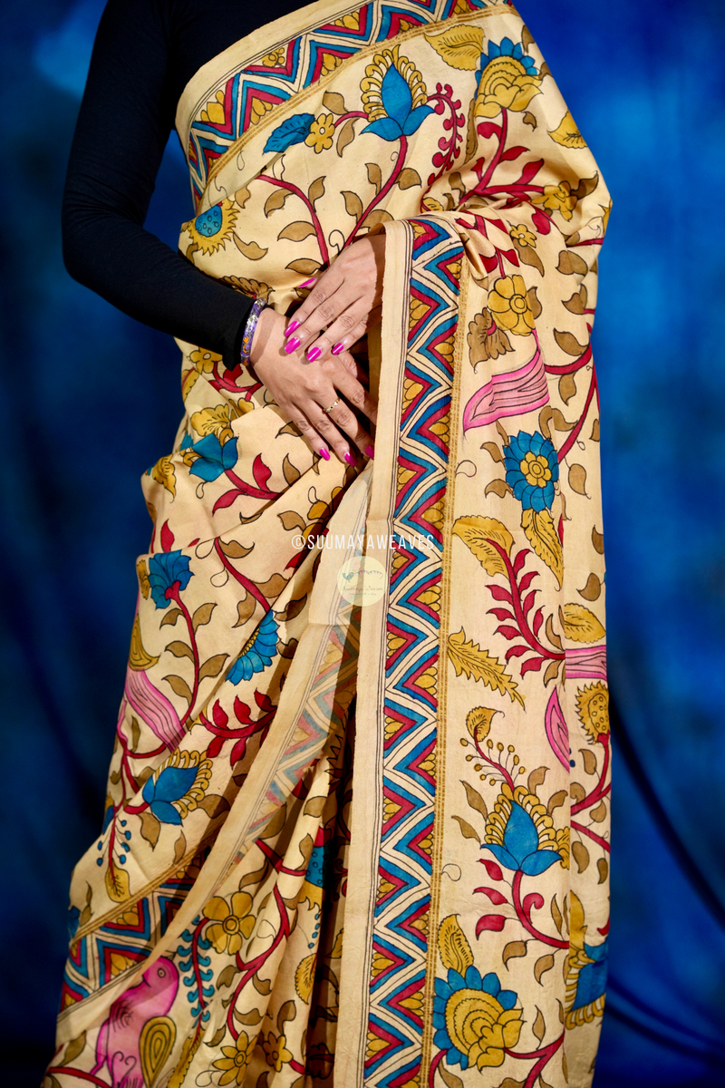 Pen Kalamkari On Kanchipuram Mulberry Silk Saree