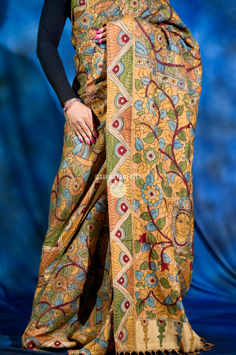 Pen Kalamkari On Kanchipuram Mulberry Silk Saree