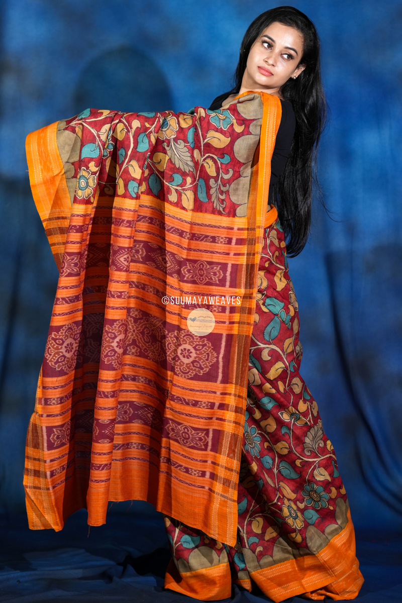 Utkalamkari Pen Kalamkari On Odisha Mulberry Silk Saree