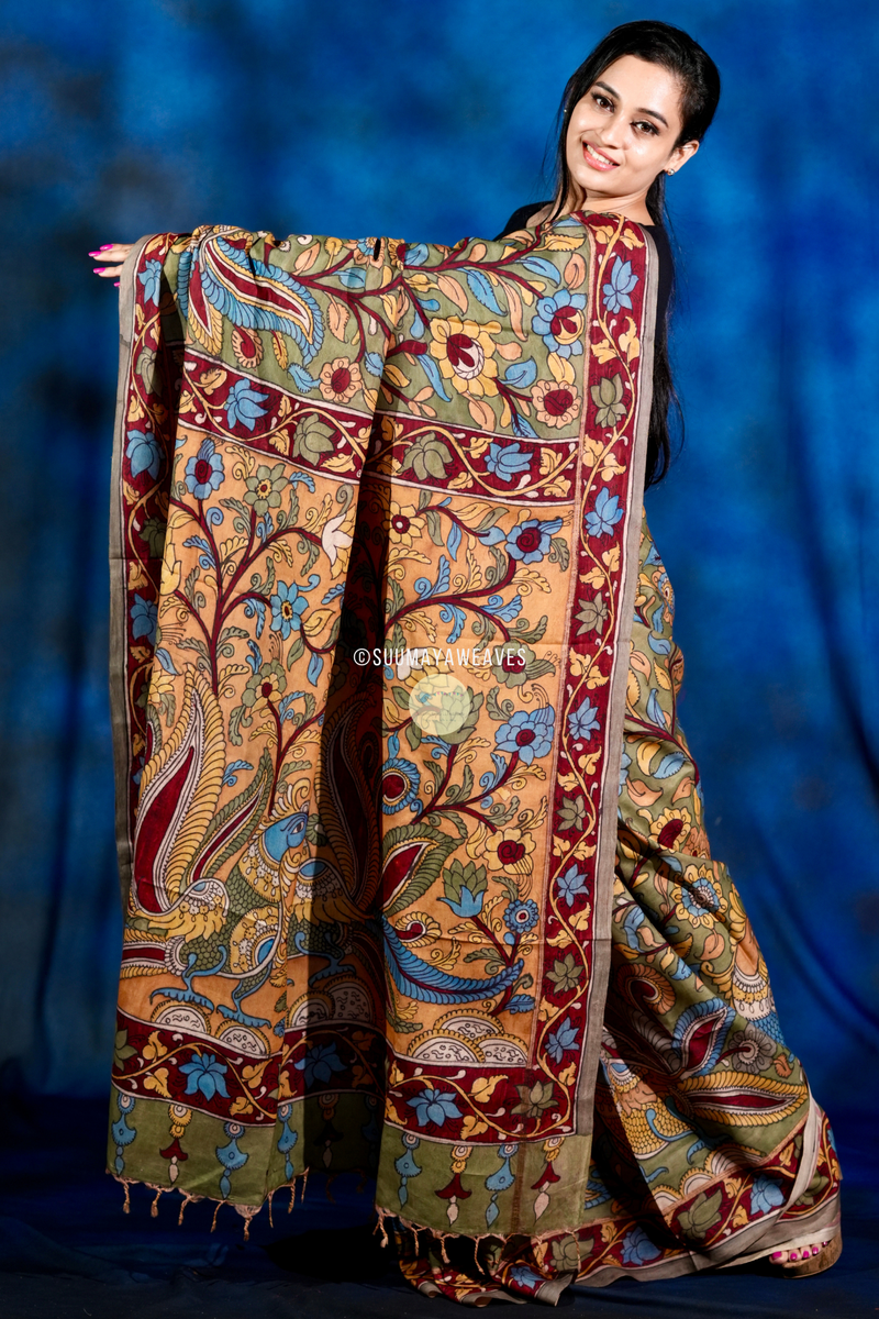 Pen Kalamkari On Kanchipuram Mulberry Silk Saree