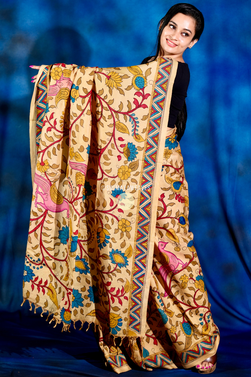 Pen Kalamkari On Kanchipuram Mulberry Silk Saree