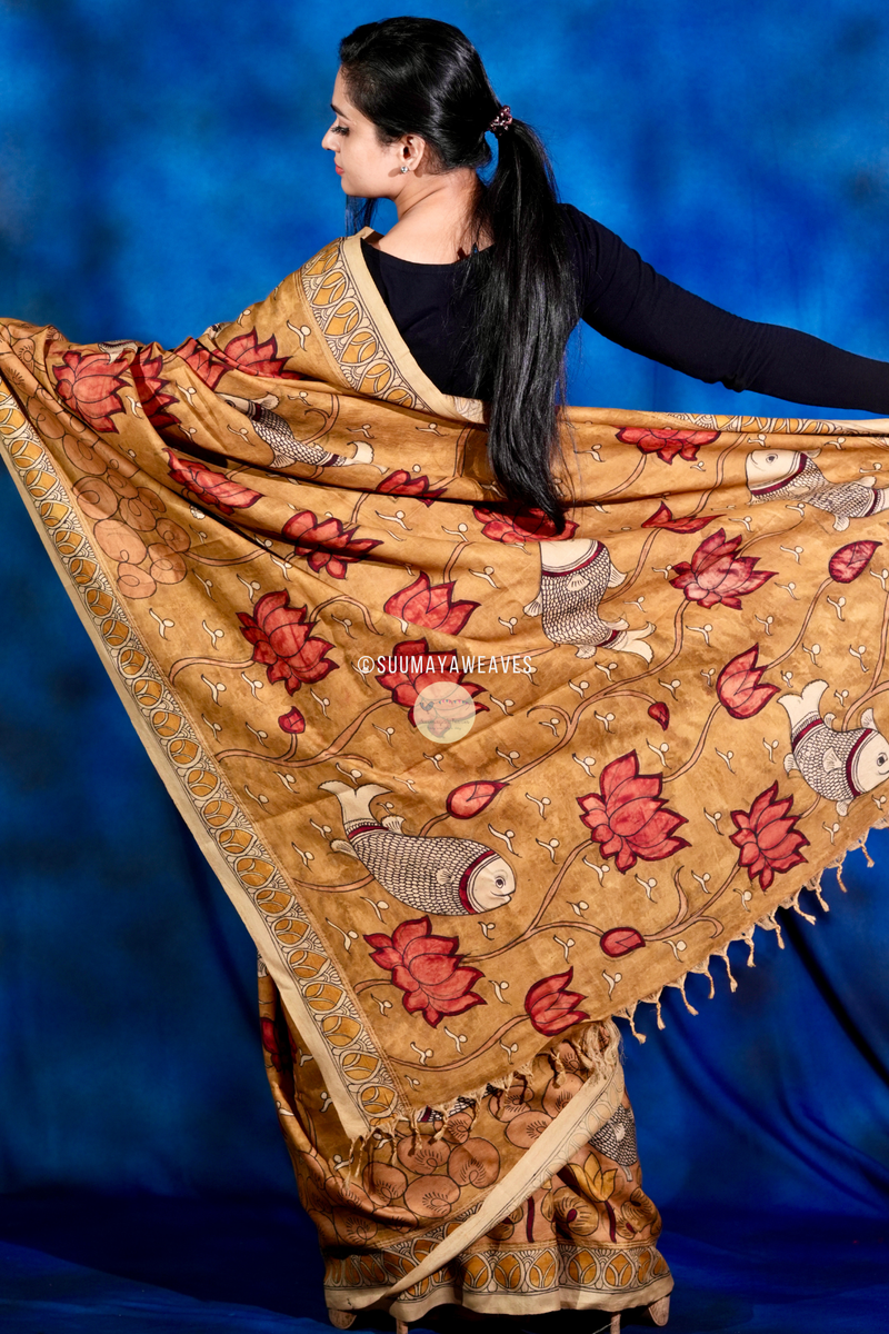 Pen Kalamkari On Kanchipuram Mulberry Silk Saree