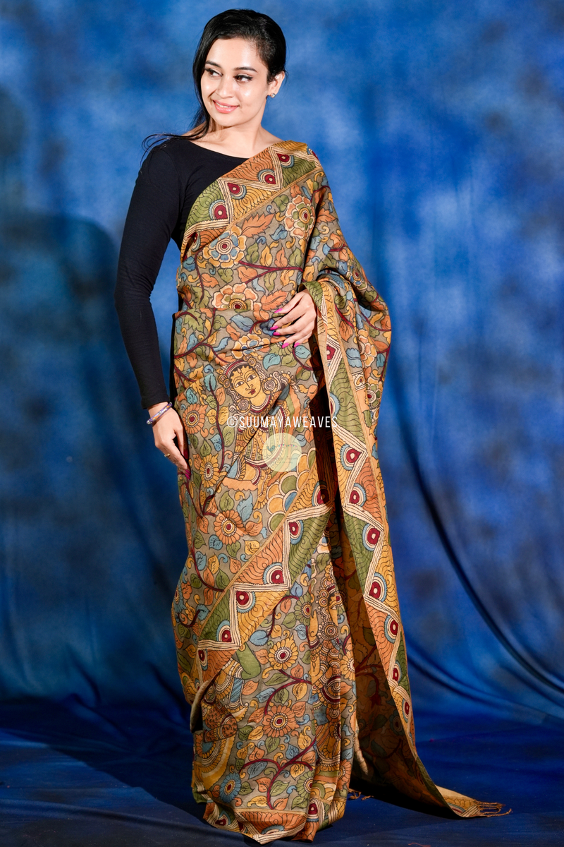 Pen Kalamkari On Kanchipuram Mulberry Silk Saree