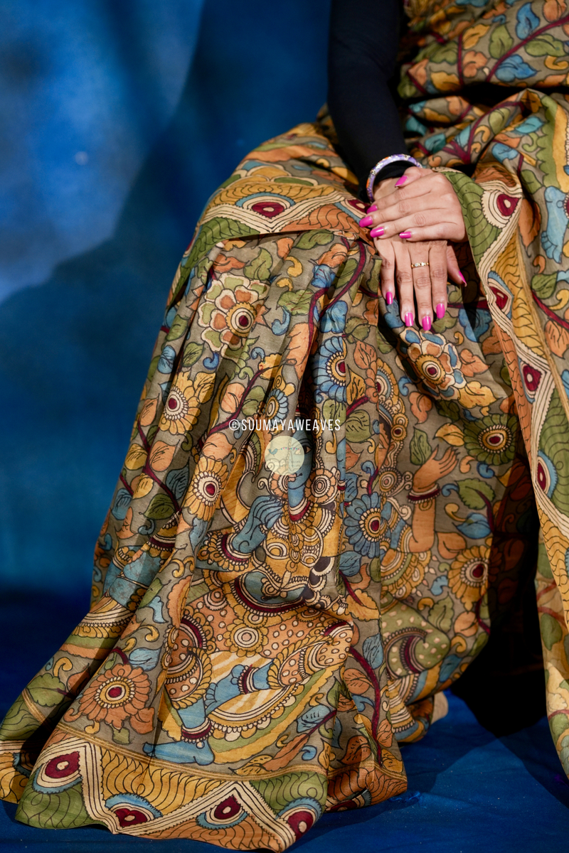 Pen Kalamkari On Kanchipuram Mulberry Silk Saree