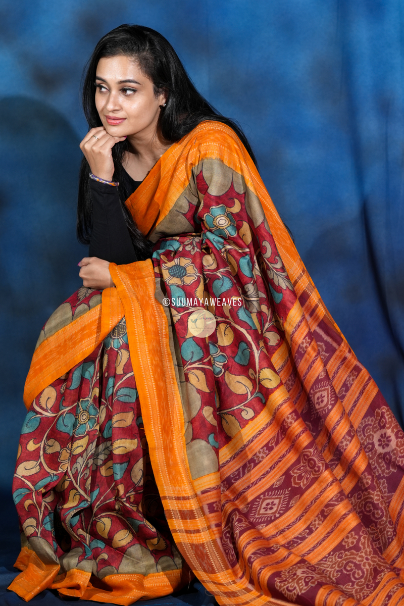 Utkalamkari Pen Kalamkari On Odisha Mulberry Silk Saree