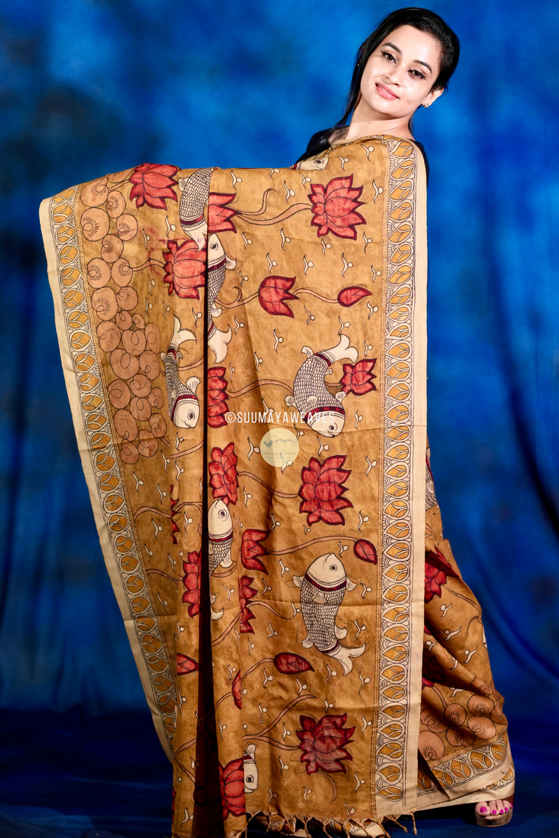 Pen Kalamkari On Kanchipuram Mulberry Silk Saree