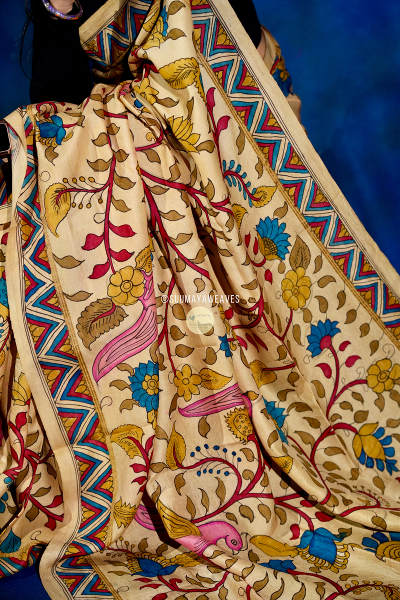 Pen Kalamkari On Kanchipuram Mulberry Silk Saree