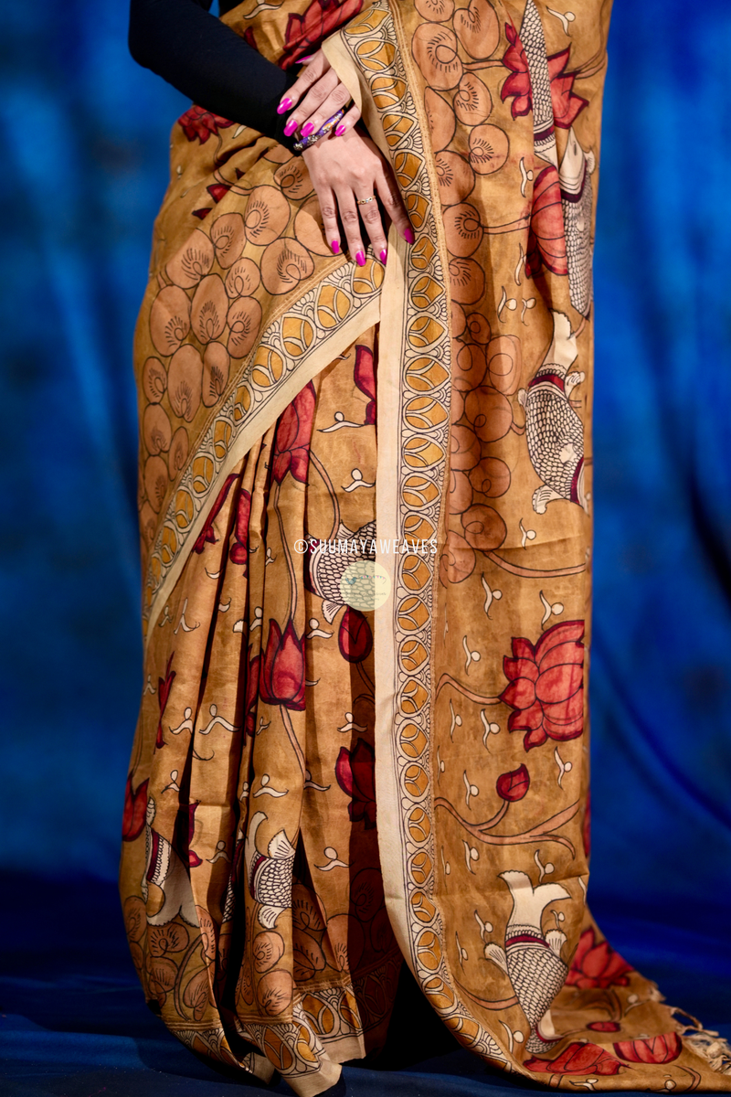 Pen Kalamkari On Kanchipuram Mulberry Silk Saree