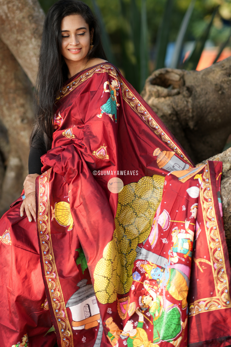 Maroon Mulberry Silk Pattachitra Saree - Suumaya Weaves