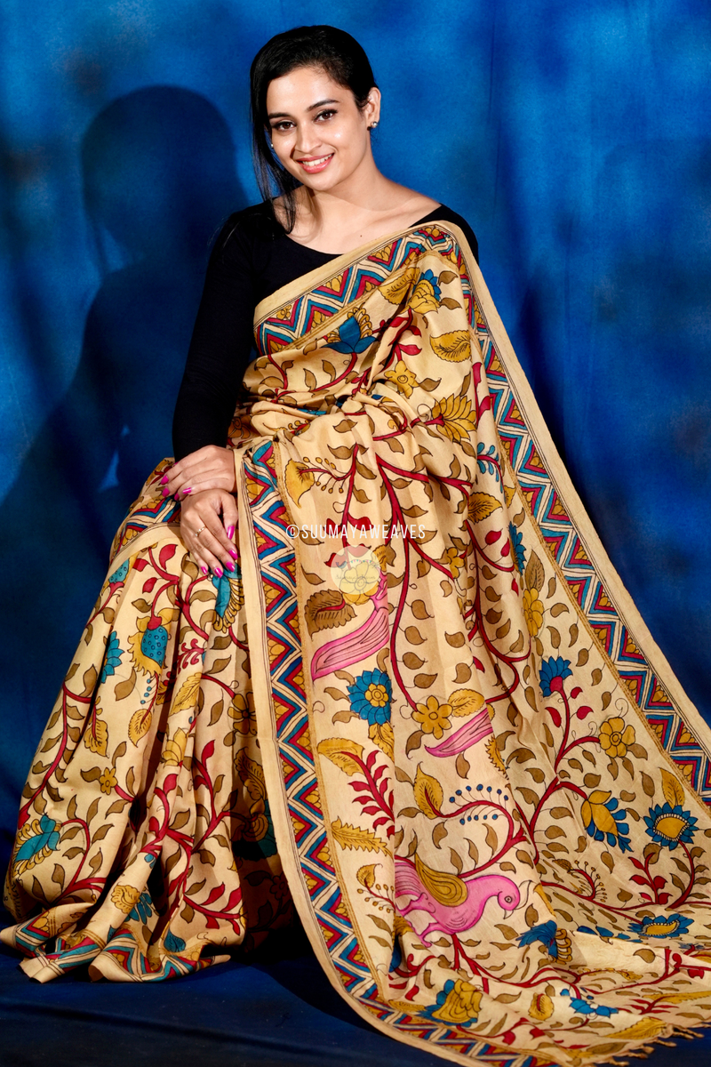 Pen Kalamkari On Kanchipuram Mulberry Silk Saree