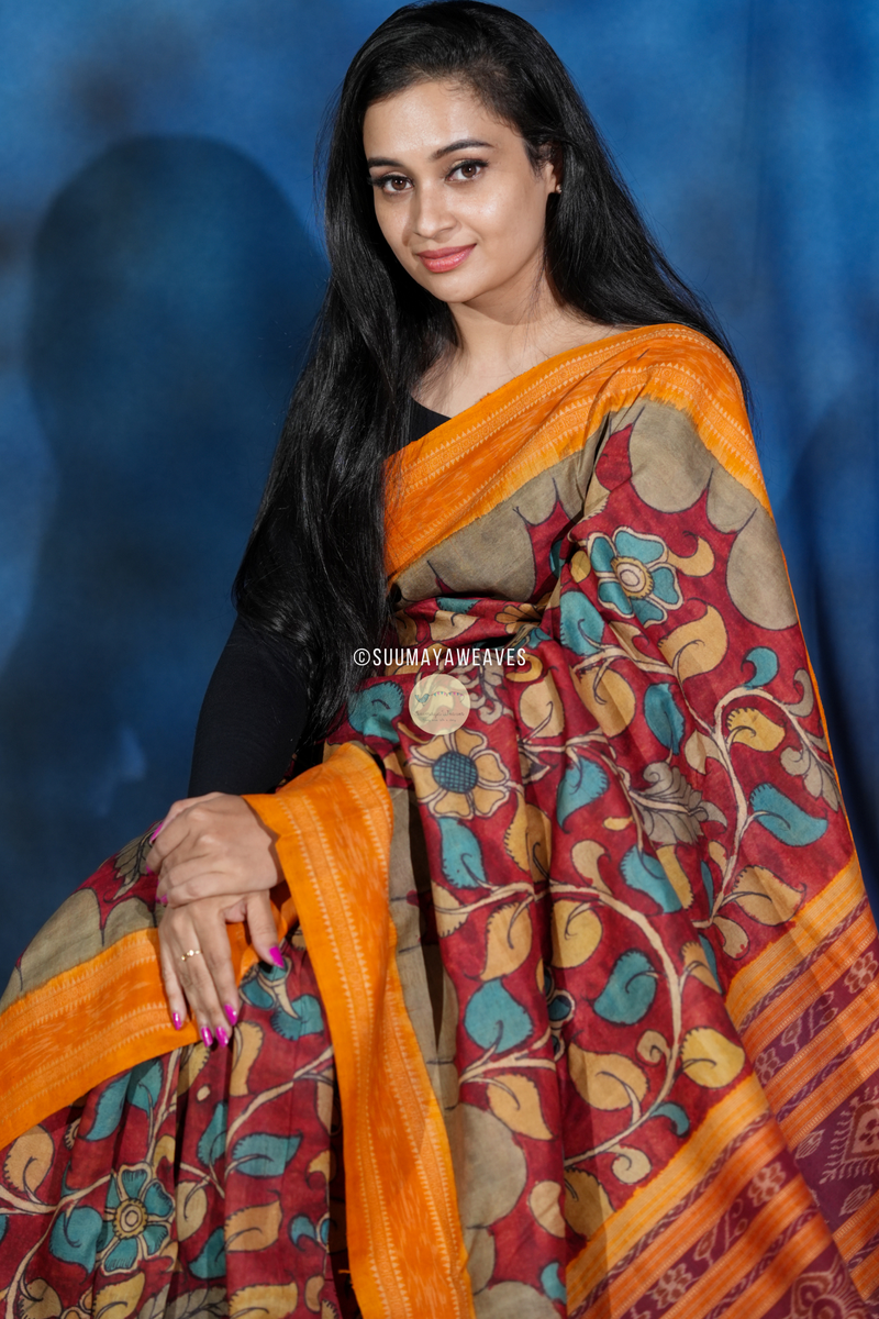 Utkalamkari Pen Kalamkari On Odisha Mulberry Silk Saree