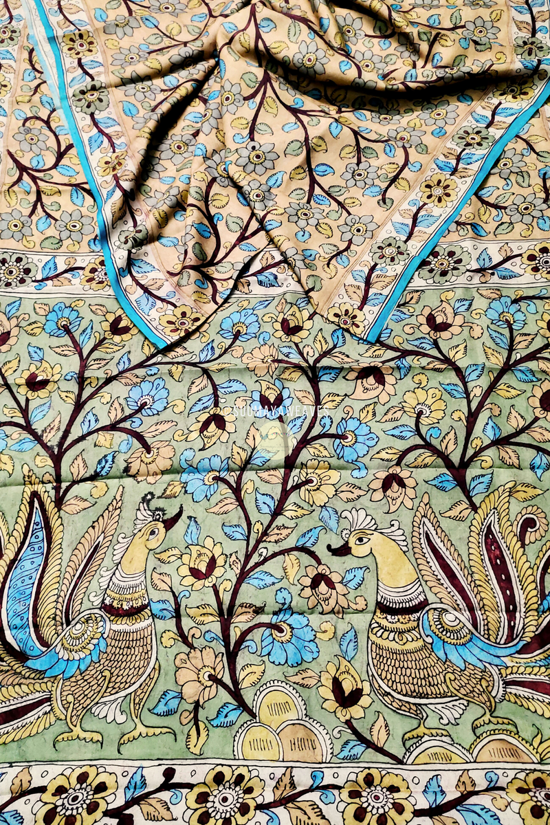 Utkalamkari Pen Kalamkari On Kanchipuram Mulberry Silk Saree - Suumaya Weaves