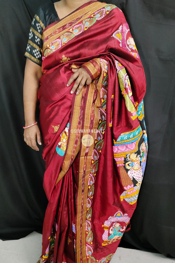 Maroon Mulberry Silk Pattachitra Saree - Suumaya Weaves