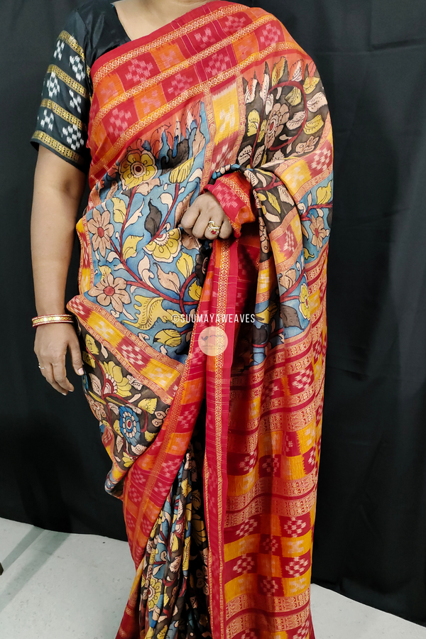 Utkalamkari Pen Kalamkari On Odisha Mulberry Silk Saree - Suumaya Weaves