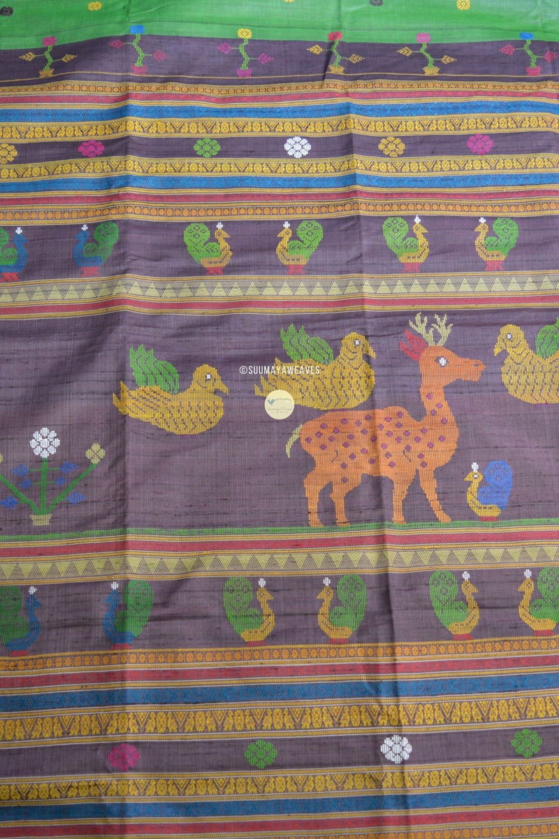 "Deer and her Friends" Gopalpur Tussar Saree - suumayaweaves