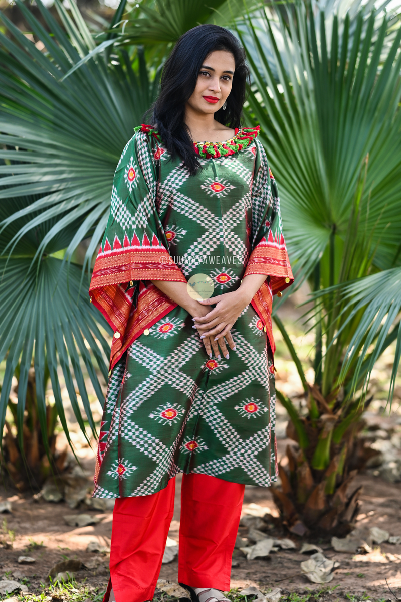 Green Tarabali Ikat Silk Kaftan Set - Suumaya Weaves
