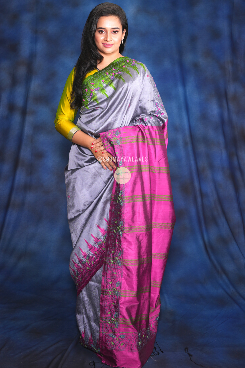 Gray color linen silk saree with zari weaving work