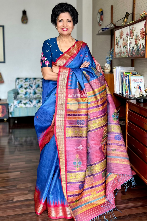 Blue Konark Temple Tussar Silk Saree - Suumaya Weaves