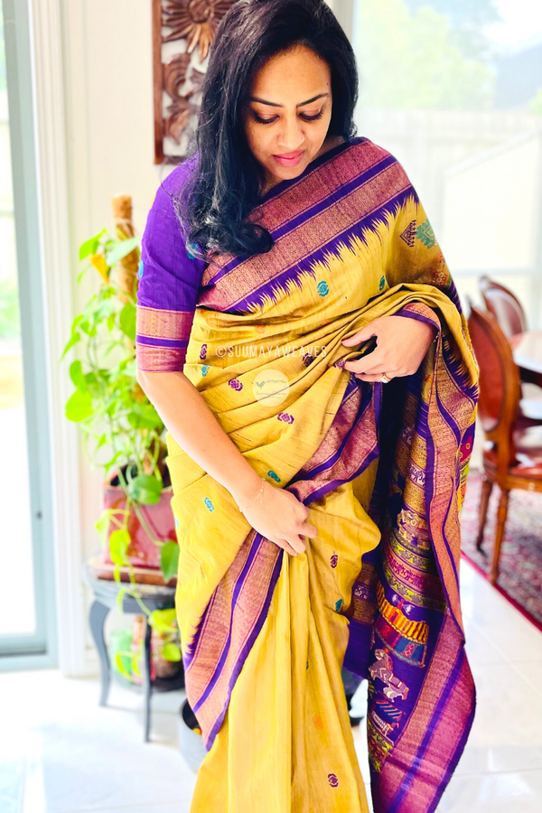 Golden With Purple Bali Jatra Gopalpur Tussar Silk Saree - Suumaya Weaves