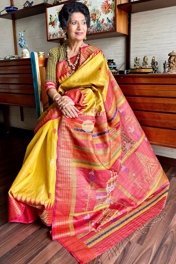 Golden Yellow With Red Char Dham Tussar Silk Saree - Suumaya Weaves
