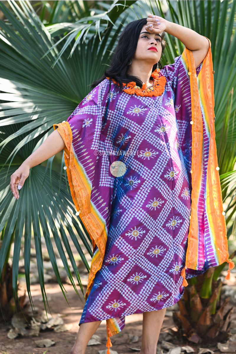Purple Tarabali Ikat Silk Kaftan - Suumaya Weaves