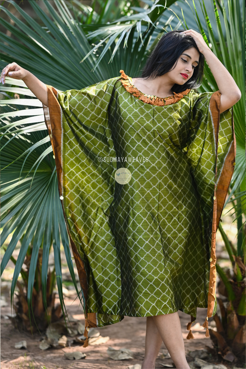 Olive Green Ikat Silk Kaftan - Suumaya Weaves