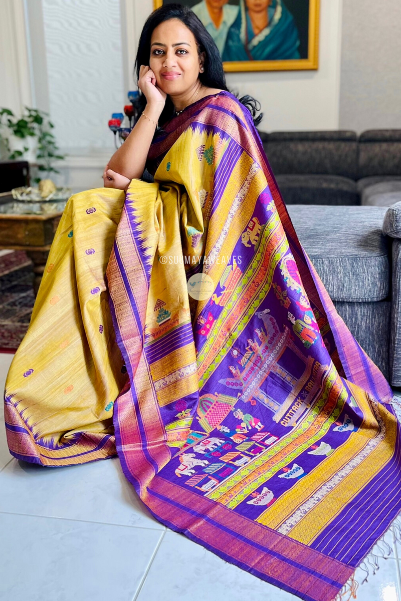 Golden With Purple Bali Jatra Gopalpur Tussar Silk Saree - Suumaya Weaves