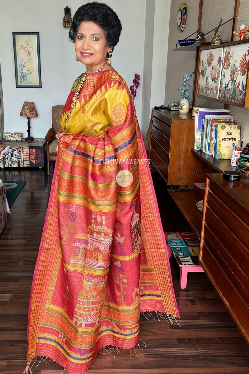 Golden Yellow With Red Char Dham Tussar Silk Saree - Suumaya Weaves